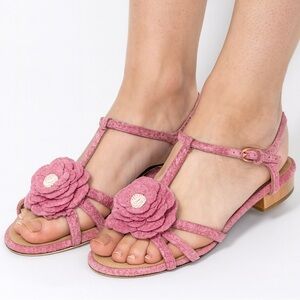 Authentic CHANEL Dusty Pink Tweed CC Logo Camellia Flower Sandals Size E…